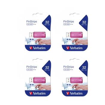 4PK VERBATIM Lightweight Pinstripe Retractable USB 2.0 Flash Drive 32GB Pink