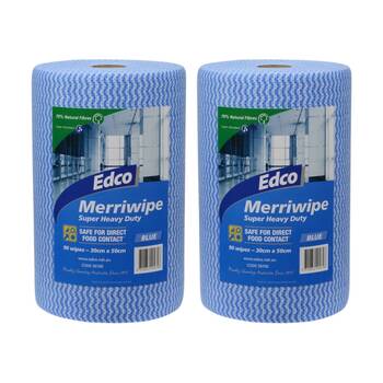 2x 90pc Edco Merriwipe Heavy Duty Thick Cleaning Absorption Wipes Roll Blue