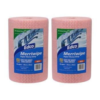 2x 90pc Edco Merriwipe Super Heavy Duty Thick Cleaning Absorption Wipes Roll Red