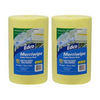 2x 90pc Edco Merriwipe Heavy Duty Thick Cleaning Absorption Wipes Roll Yellow