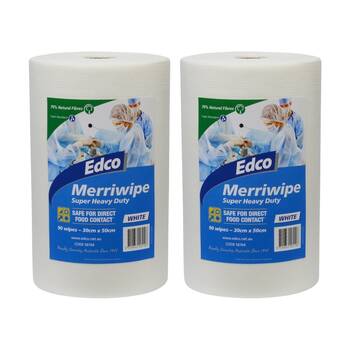 2x 90pc Edco Merriwipe Heavy Duty Thick Cleaning Absorption Wipes Roll White