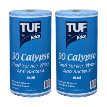 2x 90pc TUF Calypso Antibacterial Food Service Perforated Wipes Roll Blue
