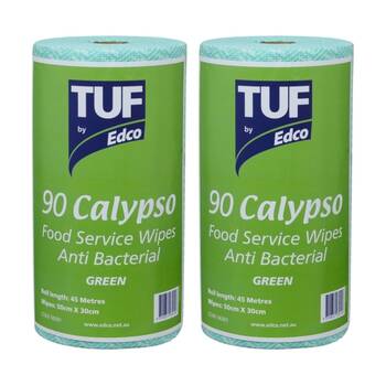 2x 90pc TUF Calypso Antibacterial Food Service Perforated Wipes Roll Green