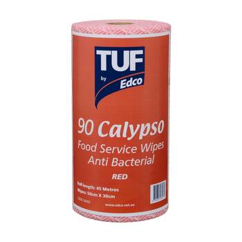 90pc TUF Calypso Antibacterial Food Service Perforated Wipes Roll Red