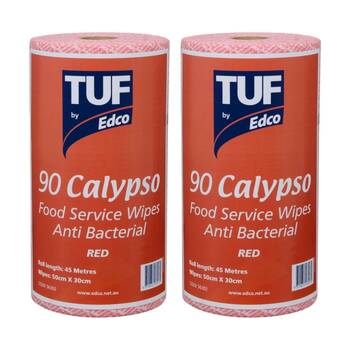 2x 90pc TUF Calypso Antibacterial Food Service Perforated Wipes Roll Red