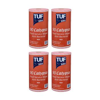 4PK 90pc TUF Calypso Antibacterial Food Service Perforated Wipes Roll Red