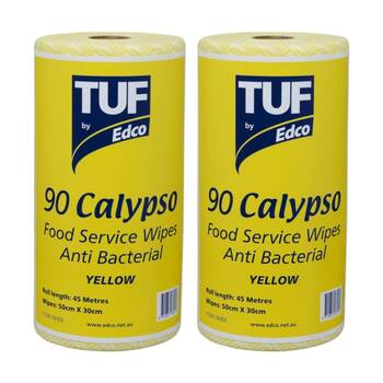 2x 90pc TUF Calypso Antibacterial Food Service Perforated Wipes Roll Yellow