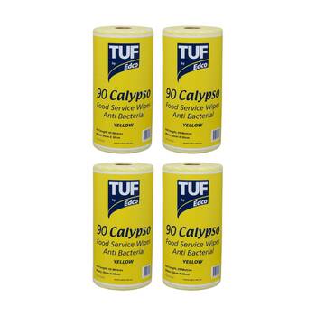 4PK 90pc TUF Calypso Antibacterial Food Service Perforated Wipes Roll Yellow