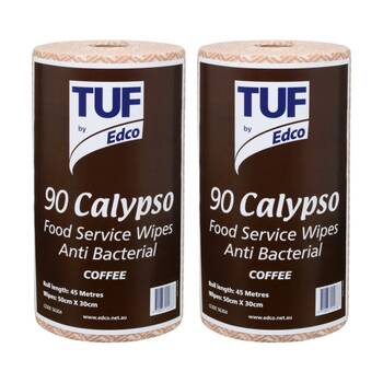 2x 90pc TUF Calypso Antibacterial Food Service Perforated Wipes Roll Coffee