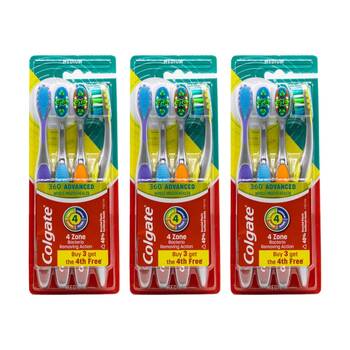 3x 4pc Colgate 360 Advanced Toothbrushes W/ Tongue & Cheek Cleaner Assorted M