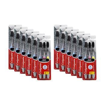 12x 3pc Colgate 360 Charcoal Toothbrushes W/ Tongue & Cheek Cleaner Assorted