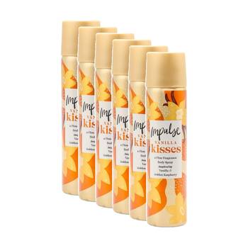 6PK Impulse Body Spray Vanilla Kisses Fine Raspberry Scent Fragrance 75mL