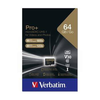 VERBATIM Pro+ Micro SDXC Card (Class 10 UHS-I U3 A1) W/ Adaptor 64GB