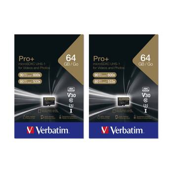 2PK VERBATIM Pro+ Micro SDXC Card (Class 10 UHS-I U3 A1) W/ Adaptor 64GB