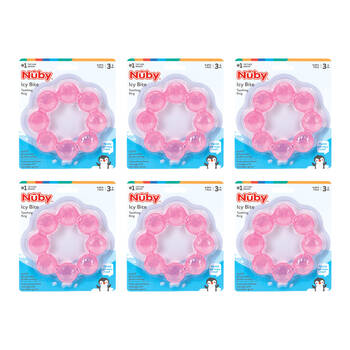 6x Nuby Icybite Teething Ring Cool Textured Soother Chew Baby Toy Pink 3m+