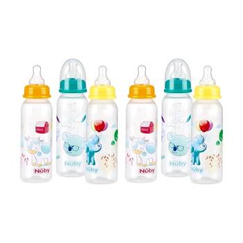 2x 3pc Nuby Standard Neck Baby Bottles W/ Vari Flow Teat 240ml Multicolour 0m+