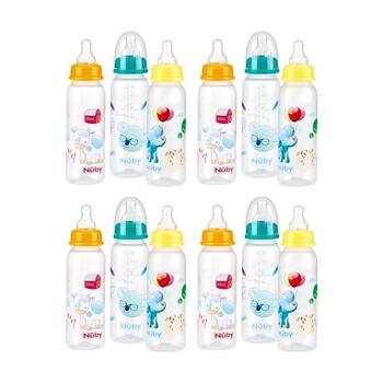 4x 3pc Nuby Standard Neck Baby Bottles W/ Vari Flow Teat 240ml Multicolour 0m+