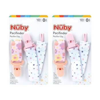 2x 2pc Nuby Printed Fabric Pacifinder Baby Pacifier Clips Multicolour 0m+