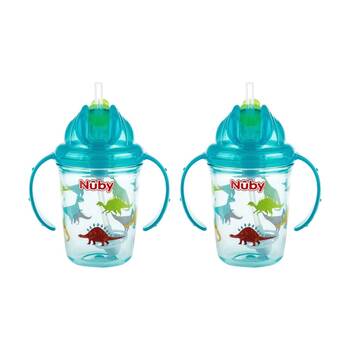 2x Nuby Printed Flip-It Cup No Spill Silicone Straw 240ml Multicolour 12m+