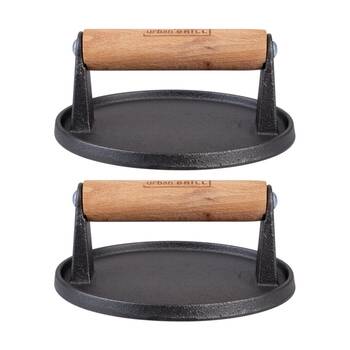 2PK Urban Grill Cast Iron Burger Press W/ Wooden Handle 14.5cm Diameter