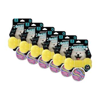 6x 2pc Paws And Claws Dazzle Bone Printed Ball Pet Dog Toy Set Assorted