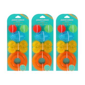 3x 5pc Paws And Claws Spikey Durable TPR Rubber Pet Dog Toy Set Multicoloured