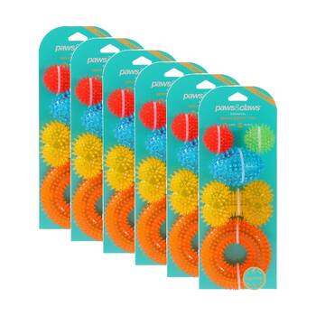 6x 5pc Paws And Claws Spikey Durable TPR Rubber Pet Dog Toy Set Multicoloured