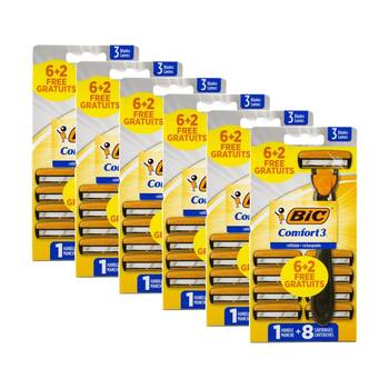 6PK BIC Razor Comfort 3 With 1 Handle Plus 8 Cartridges Pack Refillable