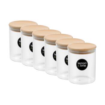 6x Lemon And Lime Camden Ribbed Glass Jar Bamboo Lid Food Storage Container 650ml