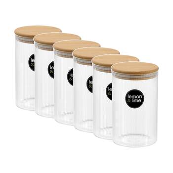 6x Lemon And Lime Camden Ribbed Glass Jar Bamboo Lid Food Storage Container 1050ml