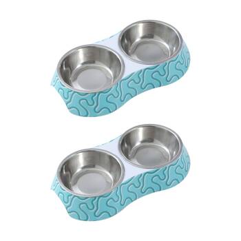 2PK Paws And Claws Double Pet Cat Dog Bowl Melamine Steel Assorted 23.5x14x4cm