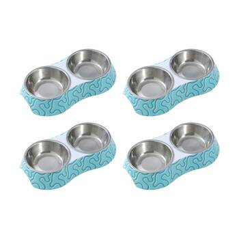 4PK Paws And Claws Double Pet Cat Dog Bowl Melamine Steel Assorted 23.5x14x4cm