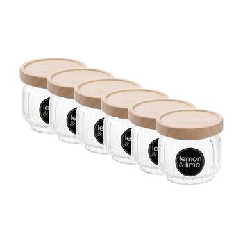 6PK Lemon And Lime Woodend Ribbed Glass Jar Reusable Food Container 350ml