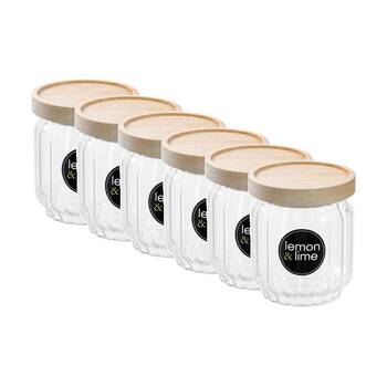 6PK Lemon And Lime Woodend Ribbed Glass Jar Reusable Food Container 500ml