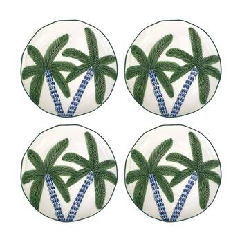 4PK Annabel Trends Coconut Bay Round White Plate W/ Green Palm Trees 20.5cm