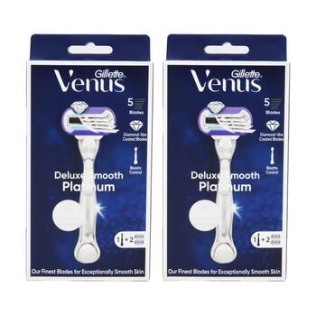 2PK Gillette Razor Venus Deluxe Smooth Platinum With 1 Handle Plus 2 Cartridges