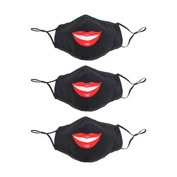 3PK Annabel Trends Reusable Lips Face Mask W/ Adjustable Ear Straps Black