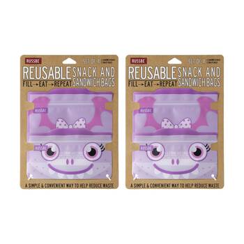 2x 4pc Russbe Reusable Locking Seal Snack Sandwich Bags Set Purple Monster
