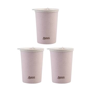 3PK Oasis Double Wall Insulated Straw Wheat Twist Lid Eco Cup Assorted 300ml