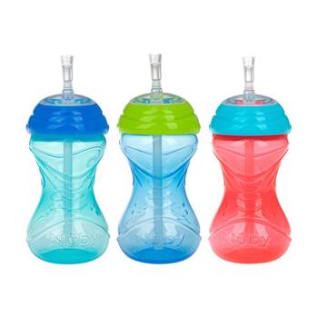 3pc Nuby No Spill Flexi-Straw Gripper Cup Kids Drink Bottle 300ml Boy 12m+