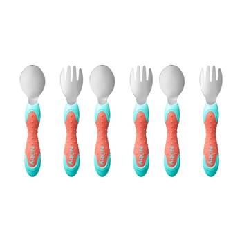 3x 2pc Nuby Stainless Steel Fork & Spoon Set Easy Grip Multicolour 12m+
