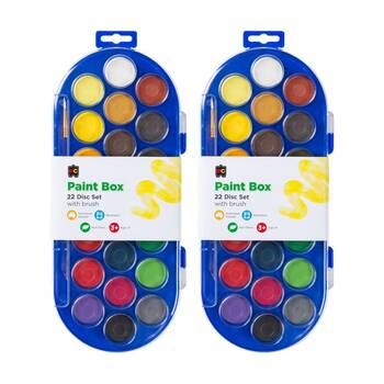 2PK Educational Colours 22 Disc Watercolour Paint Box Clear Lid Kids Art 3y+