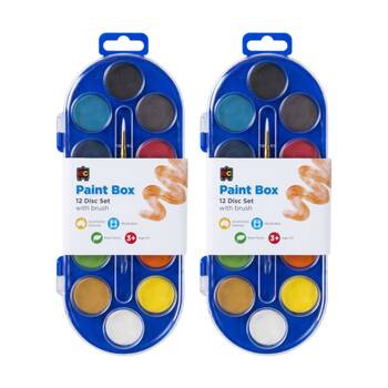 2PK Educational Colours 12 Disc Watercolour Paint Box Clear Lid Kids Art 3y+