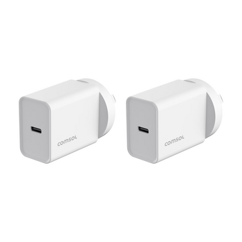 2PK Comsol USB-C Wall Fast Charge Compact Universal Charger White 20W
