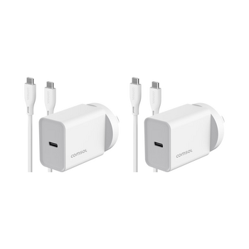 2PK Comsol USB-C Wall Charger With 1.5m USB-C/USB-C Cable White 20W