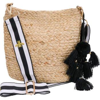 LVD Jute Women Tote W/ Black/White Stripe Bee Cross Body Strap 30x10x27cm