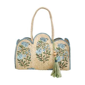 LVD Womens Marcella Blue Flowers Jute Scallop Handbag 40x13x30cm