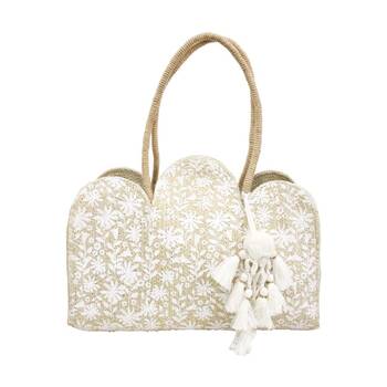 LVD Womens White Flower Printed Anglaise Jute Scallop Handbag 40x13x30cm