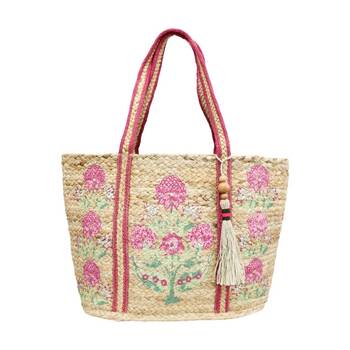 LVD Womens Woven Jute Pink/Green Peony Flower Handbag 48x20x30cm