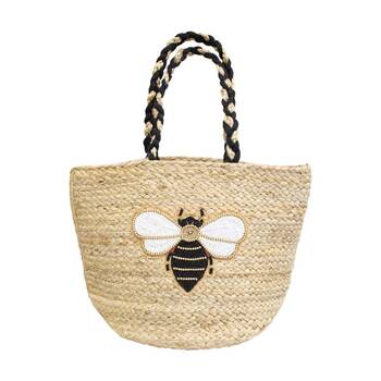 LVD Womens Black/White Woven Jute Beaded Bumble Bee Handbag 40x22x30cm
